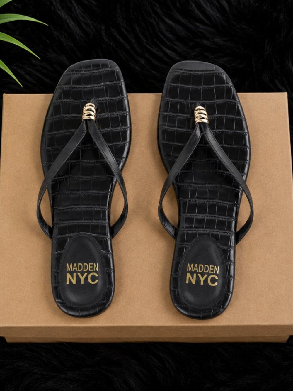 Madden NYC Black Croc-Embossed Thong Sandals – Flat Slip-On Sandals